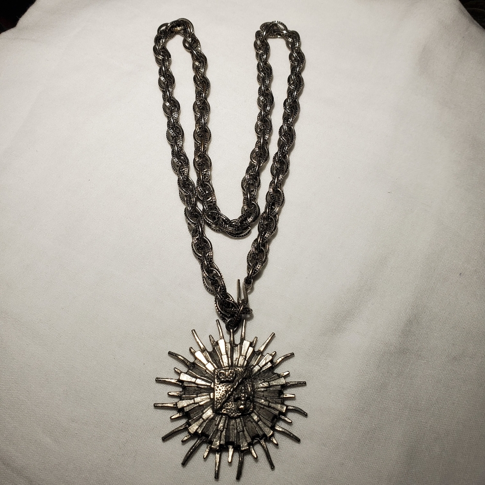 Silver Tone Heraldic Shield Sunburst Pendant Necklace with Heavy Ornate Chain
